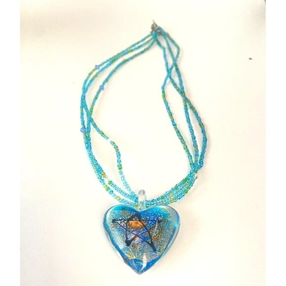 Glass Blown Blue Heart with Gold Star Art Multi-strand Beaded Glass Necklace - Picture 2 of 12